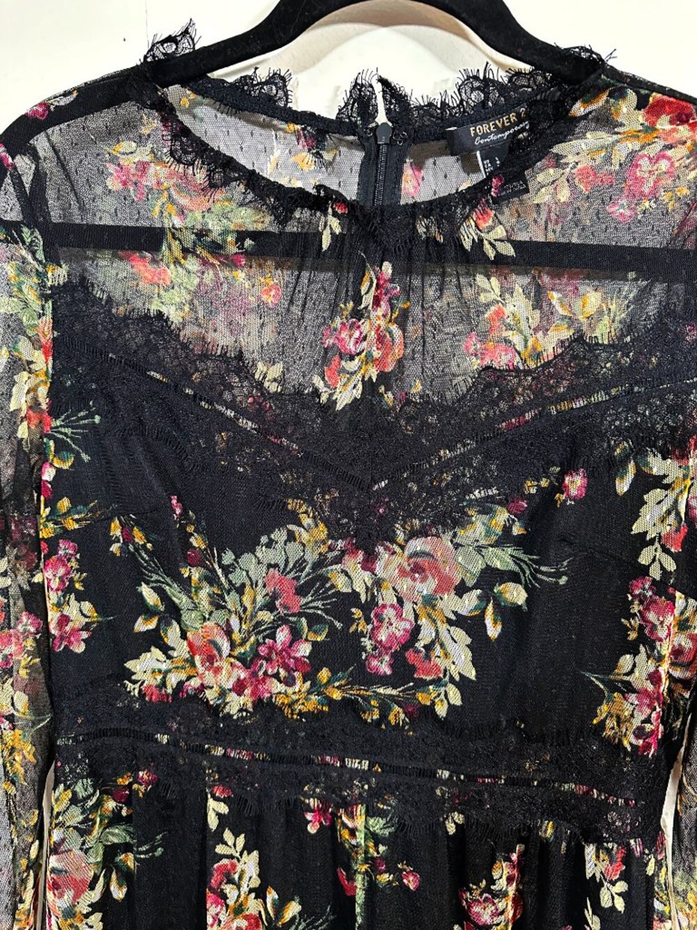 Forever 21 Dress Blk Floral Fairy Lace Mesh Festival Whimsigoth Indie Sheer Sz L - Picture 5 of 12